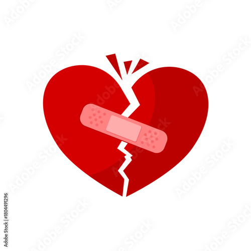 Papier peint Broken red heart with plaster, healed heart - vector illustration