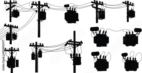 Electrical Transformer and Pole Silhouette Vector Set: High Voltage Energy Distribution Equipment, Wiring, Insulators, and Utility Infrastructure.