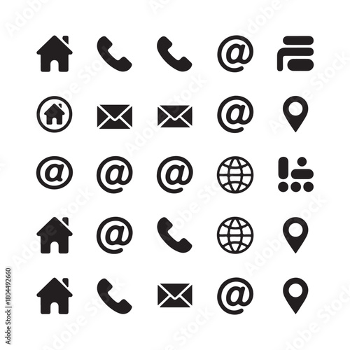 Home, Mail, Phone, Web & Location Icon Grid in Bold Minimal Style. Vector Illustration Eps 10