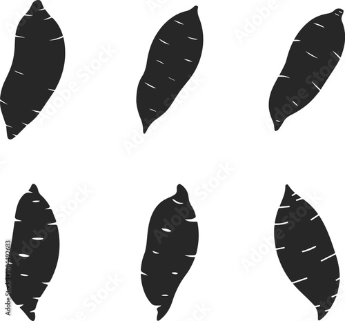 Set of minimalist black sweet potato root vegetable silhouette vector icon