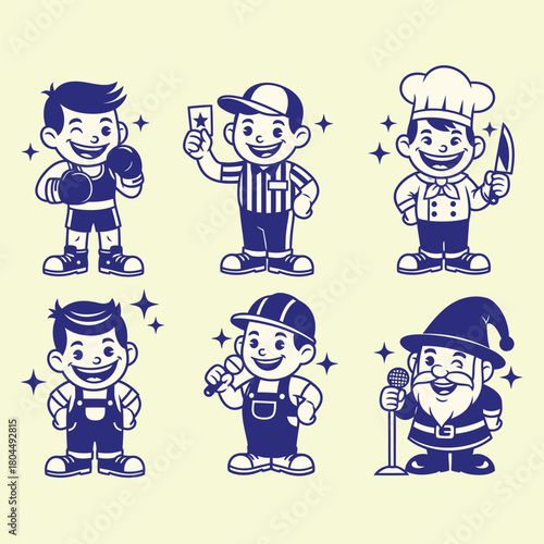 Set of retro mascot characters in various professional outfits, featuring a boxer, chef, worker, and festive Santa Claus