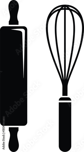 Baking tools rolling pin and whisk vector illustration cooking utensil eps silhouette