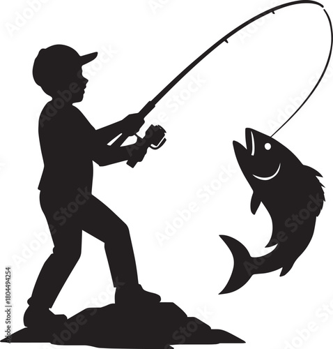 Boy fishing silhouette graphic, young angler reeling in a big catch, successful outdoor activity illustration vector.