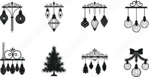 Collection of black silhouette Christmas ornaments and light fixtures bulb