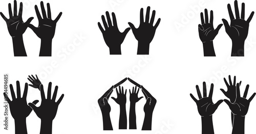 Collection of black silhouette hand icons showing unity support and family white