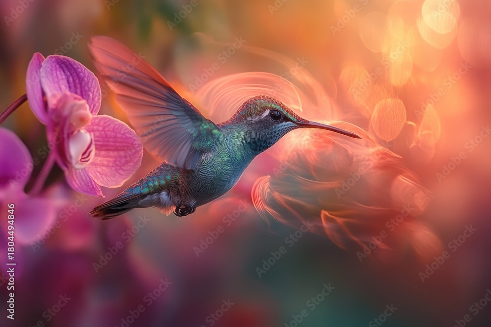 Fototapeta premium A vibrant iridescent hummingbird hovers beside a delicate pink orchid, bathed in a soft, ethereal glow with artistic bokeh lights.