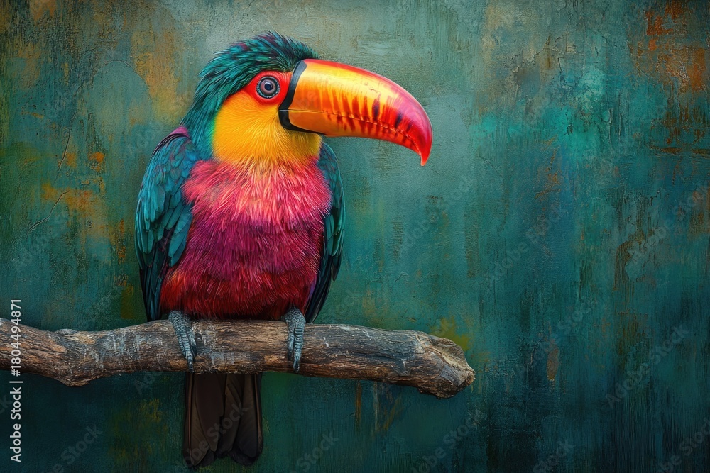 Obraz premium Vivid toucan displays brilliant yellow, pink, teal plumage. Magnificent multi-colored beak perches on branch, against textured teal background.