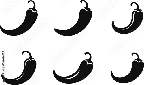 Set of minimalist black chili pepper spice silhouette vector icon