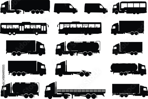 Collection of black vector silhouettes featuring heavy cargo trucks buses and delivery vans for global commercial logistics transport and freight shipping industry design concepts.
