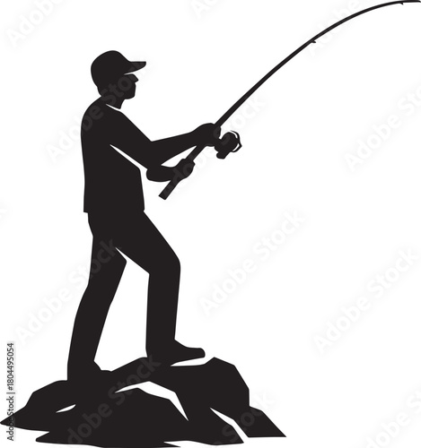 Silhouette of a man fishing with a rod, standing on coastal rocks. recreational outdoor activity.