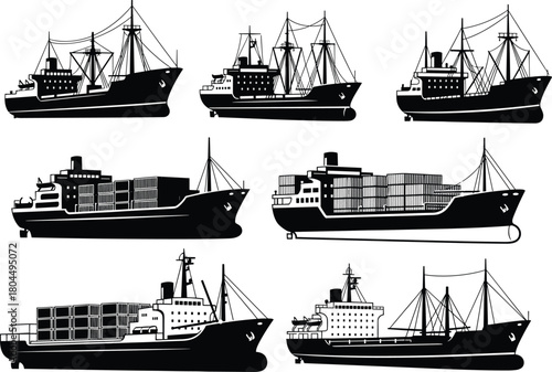 Collection of black vector silhouettes featuring industrial marine vessels including cargo container ships and fishing trawlers isolated on white for logistics transportation concepts.