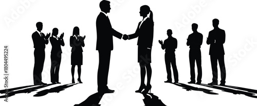 Business handshake sealing partnership, corporate agreement celebration, successful negotiation, team approval, professional collaboration, deal signing, leadership unity, trust, mutual success