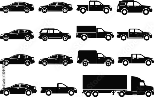 Collection of sixteen black vector silhouettes featuring sedans pickup trucks and large semi trailers for transportation industry design and commercial vehicle automotive concepts set.