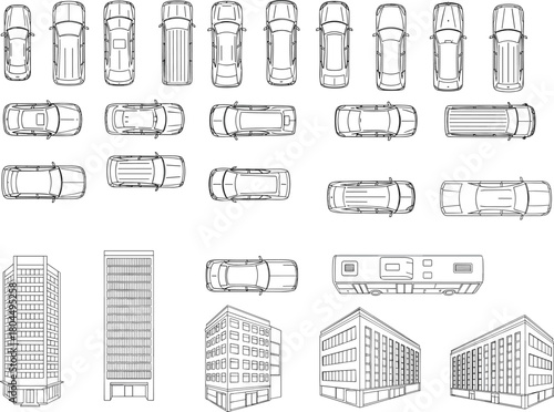 Collection of vector car top views and modern building perspectives for architectural site plans and urban design layouts featuring black and white outline illustrations.