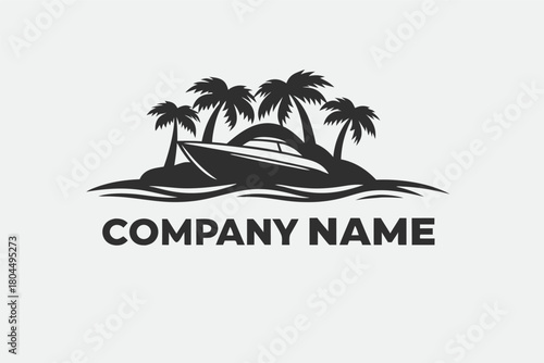 Sleek silhouette shows a boat upon a small island with tropical palm trees