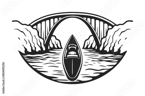Simple monochrome boat navigates river passing under stone bridge outlined against white background