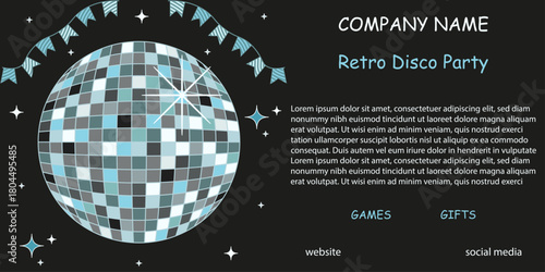 Disco party invite vector banner. Vector illustration of horizontal business banner with realistic Disco Ball and typography template design. 