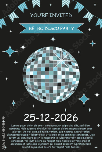 Vector illustration of vertical Disco Party invitation flyer template design. Realistic Disco ball on black background with holiday ribbon and business typography. Disco Party retro poster cover print