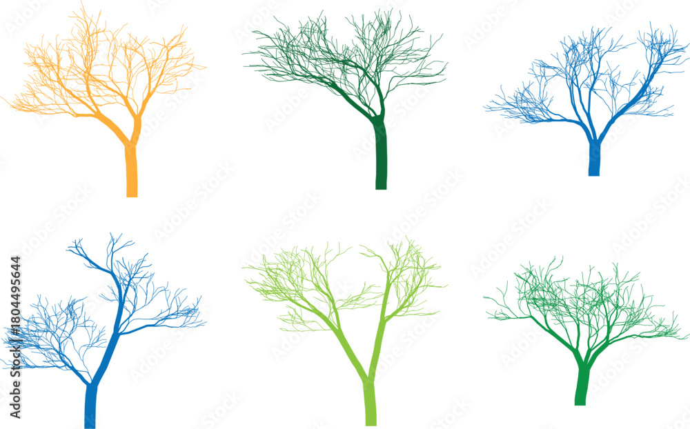 Obraz premium Colorful trees illustration set graphic resources tree branches illustration different design styles nature concept creative design element isolated on white background