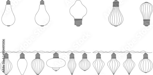 Collection of outline style light bulbs and string lights in various shapes and sizes