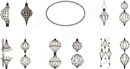 Collection of ornate decorative hanging lanterns and oval frame with intricate details