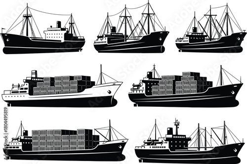 Set of black vector silhouettes featuring cargo container ships and fishing vessels for maritime logistics transport and global industrial trade design on white background