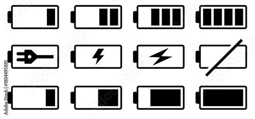 battery set in black. Battery charge indicator, battery level, energy, full. Power low up status. Batteries logo. Vector icons.