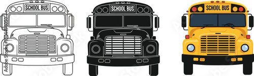 Set of three vector school bus illustrations featuring black outline silhouette and yellow color front view for back to school education transport design concepts.