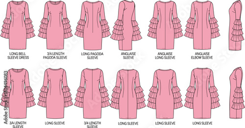 Women's pink dress vector set, technical fashion illustration, tiered ruffle sleeves, pagoda bell variations, flat sketch template.