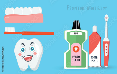 Basic dental care with illustrations of tools and a smiling tooth. An illustration depicting essential dental care items: toothpaste, toothbrush, and mouthwash.