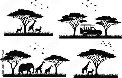 Vector set of African safari silhouettes featuring acacia trees wild animals elephants giraffes and a tourist jeep vehicle isolated on white background for design.