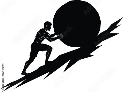 Man pushing boulder uphill concept of strength determination perseverance eps silhouette