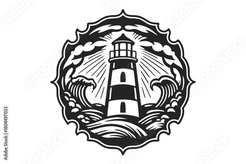 Striking black and white lighthouse stands amid swirling waves beneath the cloudy sky