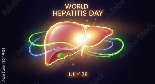 World Hepatitis Day Awareness Illustration with Glowing Liver and Orbiting Rings.