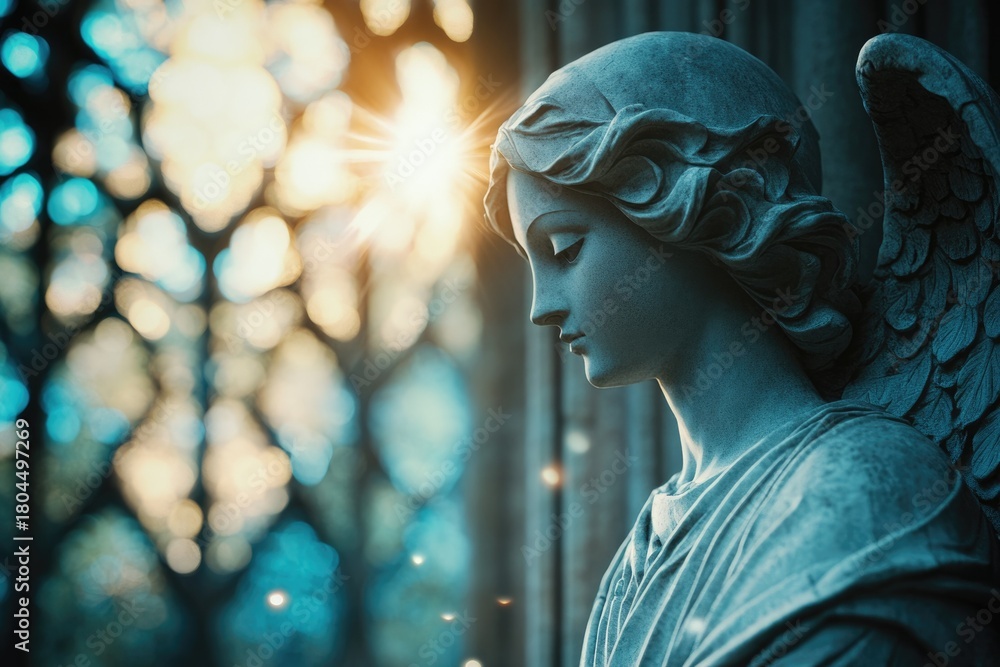 Obraz premium A serene angel statue gazes downward, illuminated by a warm glow from a blurred stained glass background, evoking peace and spirituality.