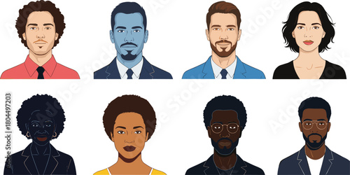 Diverse group of eight illustrated people with varied skin tones and hairstyles illustration