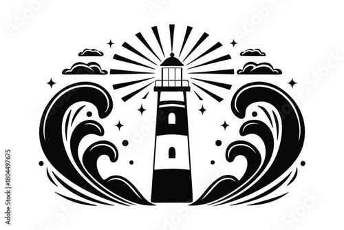 Striking lighthouse beacon stands amidst swirling waves beneath twinkling stars and puffy clouds