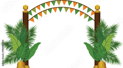 Tropical Archway Vector Illustration with Lush Green Jungle Leaves, Banana Plants, Wooden Posts, and Festive Bunting Banners, Perfect for Summer Party Backgrounds and Decor