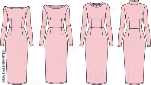 Women's pink dress vector set, technical fashion illustration, long sleeve neckline variations, bodycon flat sketch, turtle neck, boat neck collection.
