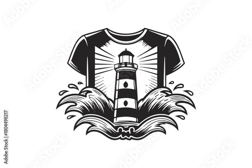 Striking lighthouse on a bold Tshirt design is surrounded by stylized crashing waves