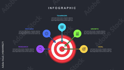 Target concept infographic with icons 5 options for business strategy, goal achievement, marketing plan, and process visualization