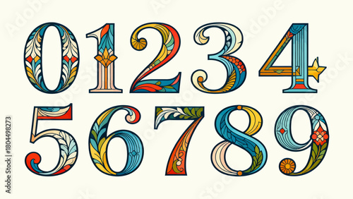 Creative art number "0-9", graphic font design, hand-drawn vector illustration