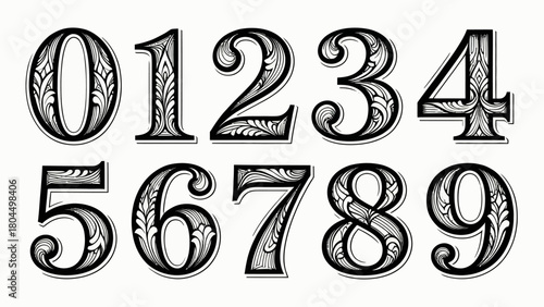 Creative art number "0-9", graphic font design, hand-drawn vector illustration