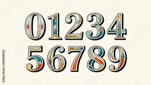 Creative art number "0-9", graphic font design, hand-drawn vector illustration