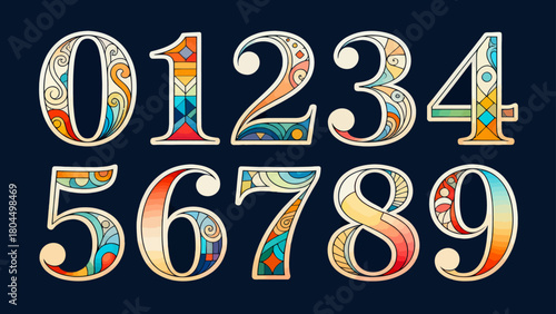 Creative art number "0-9", graphic font design, hand-drawn vector illustration