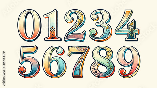 Creative art number "0-9", graphic font design, hand-drawn vector illustration