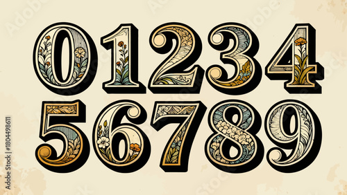 Creative art number "0-9", graphic font design, hand-drawn vector illustration
