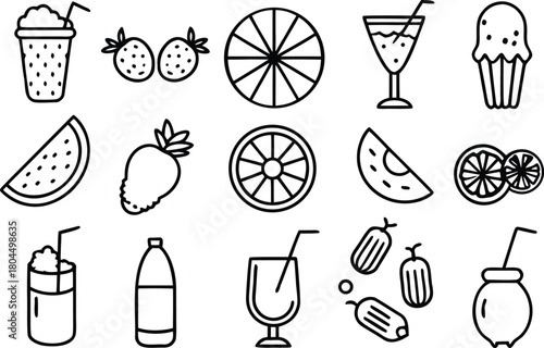 Collection of line art icons featuring fresh fruits and drinks