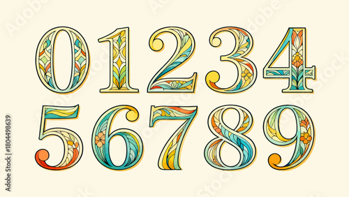 Creative art number "0-9", graphic font design, hand-drawn vector illustration