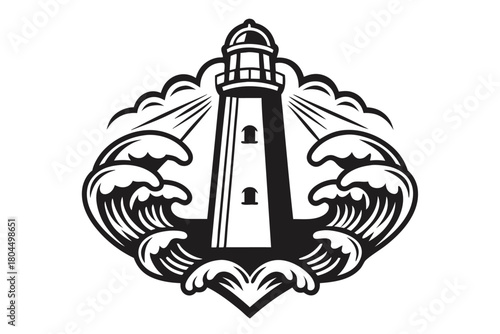 Striking monochrome lighthouse amidst crashing waves emits guiding light across the vast sea